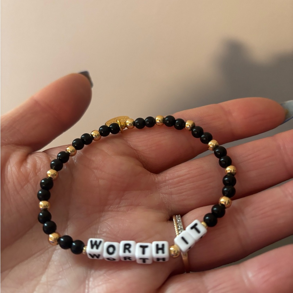 "Worth It" Little Words Project Black and Gold Beaded Stretch Bracelet